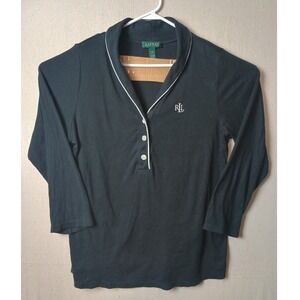 Lauren Ralph Lauren Knit Top 3/4 Sleeve Button RLL Logo‎ Black 1X Long Sleeve O